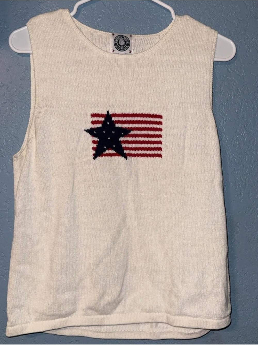 Carolyn Taylor Cream Knit Tank with Navy Star and Red Stripes